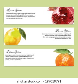Fruits vector background. Banner design with a lemon, orange and garnet