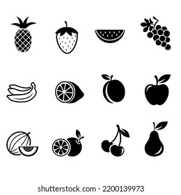 Vectores de frutas negras y blancas, piña, fresa, sandía, uvas, plátano, limón, melocotón, manzana, calabaza, naranja, cerezo, pera.