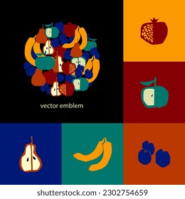 Fruits vector emblem.  Concept of signboard local market  .  Healthy food or natural product logo illustration.  Circle made with fruits. Colorful variations.