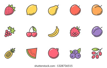 Fruits Vector Flat Line Icons Set. Vegetarianism, Healthy Food, Cooking. Editable Stroke. 48x48 Pixel Perfect.