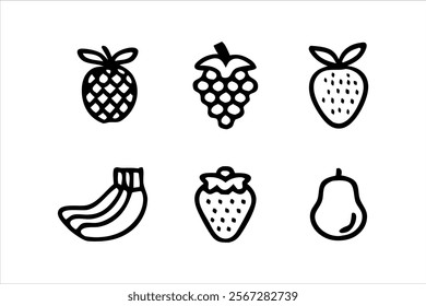 fruits vector, fresh fruits icon logo art illustration grapes banana strawberry vector for coloring book page