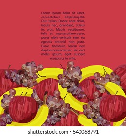Fruits. Vector. Hand drawn. Template. Red apple, yellow banana, grape. Red background.