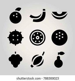 Fruits vector icon set. banana, coconut, raspberry and melon