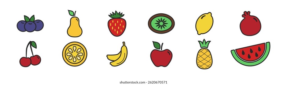 Conjunto de ícones do vetor de frutas. Vetor de frutas coloridas, símbolo ou logotipo tropical. Contém ícones como maçã, morango, melancia e muito mais.