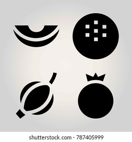 Fruits vector icon set. groseberry, pomegranate, coconut and melon