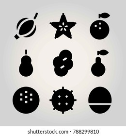 Fruits vector icon set. mango, lychee, prune and coconut