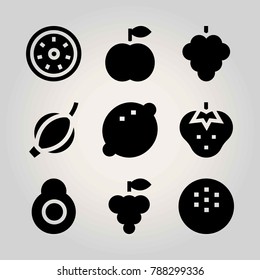 Fruits vector icon set. peach, groseberry, lemon and coconut