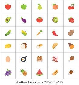 Fruits vector icons set. Fruits are apple, lemon, banana, orange, pear, pineapple, grapes, cherries, strawberries, glass, and blueberries emojis collections