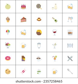 Fruits vector icons set. Fruits are apple, lemon, banana, orange, pear, pineapple, grapes, cherries, strawberries, glass, and blueberries emojis collections