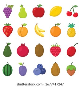 Fruits vector icons set on white background. Contains  Icons as Strawberry, Orange, Watermelon, Apple, Strawberry and more.
