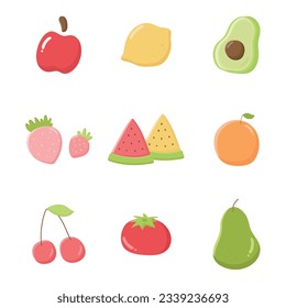 Fruits vector illustration. Apple, lemon, avocado, strawberry, watermelon, orange, cherry, tomato and pear. Fresh healthy fruits.