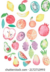 Fruits. Vector illustration. Cherry, orange, tangerine, pear, watermelon, strawberry, pomegranate, pineapple, lime, lemon, grape, apple mango, banana, kiwi, plum, avocado.