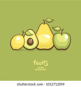 Fruits vector illustration. Green apple, pear, avocado and lemon. Fresh harvest. Healthy and vegan food.