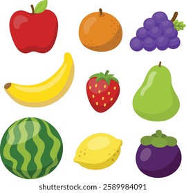 Fruits vector illustration for icon and design, includes apple, orange, grapes, banana, strawberry, pear, watermelon, lemon, mangosteen.