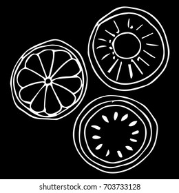 Fruits vector illustration. Watermelon, orange, kiwi Doodle style. Design icon, print, logo, poster, symbol, decor, textile, paper, card. 