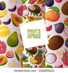 Fruits vector seamless pattern fruity apple banana and exotic papaya background fresh slices of tropical dragonfruit juicy orange illustration fruitful backdrop set.