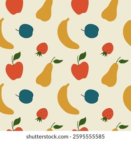 Fruits vector seamless pattern with pear, apple, banana, plum, strawberry. Repeating background with fruity harvest. Vegetarian food, ingredients, farm, garden, market