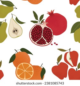 Fruits vector seamless pattern. Surface design with pomegranate, apple, pear, and orange on a white background. Modern abstract background for packaging, paper, cover, fabric, interior decor, etc.