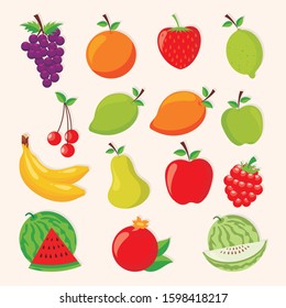 Fruits Vector Set, with flat cartoon design, simple, fresh and trendy 