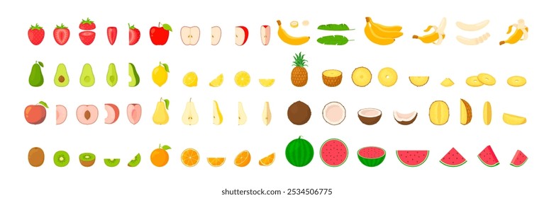 Conjunto de vetores de frutas. Sinal vegetariano isolado. Ilustração de fruta orgânica madura suculenta. Fruta cortada ao meio e fatia.