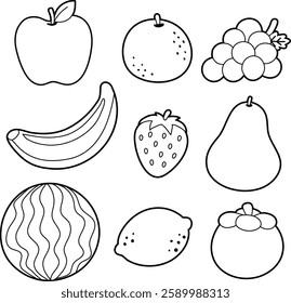 Fruits vector set for kids coloring pages. Apple, orange, grape, banana, strawberry, pear, watermelon, lemon, mangosteen. Tropical fruits easy for colouring.