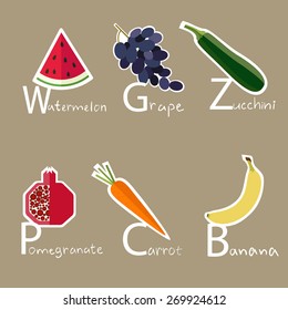 Fruits and vegetable alphabet.