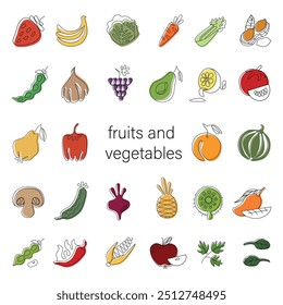 Fruits and vegetable big set. Vector fruits and vegetables illustration. Icons for groceries, agriculture stores, packaging, books and advertising.