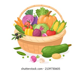 Fruits, vegetable in cartoon basket, farm market healthy food. Wicker basket full of organic grocery products. Fresh vegetable basket isolated illustrations set