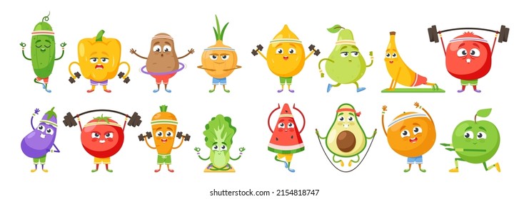 Frutas y personajes vegetales Ejercicios deportivos. Papa, pepino, repollo chino, pimiento morrón, tomate y zanahoria. Planta de huevos, aguacate, plátano, pera y manzana o sandía. Ilustración del vector de dibujos animados