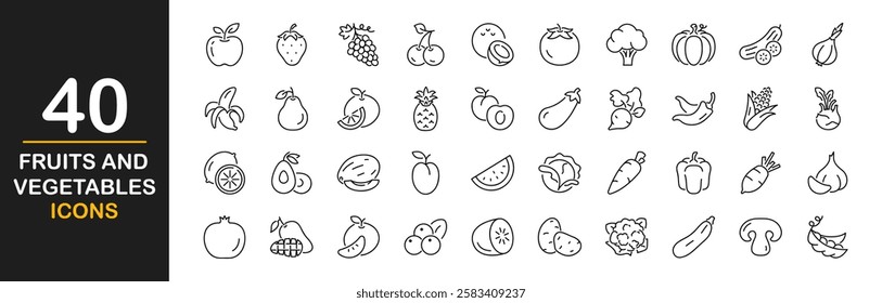 Fruits and vegetable icon set. Containing apple, banana, orange, grape, strawberry, watermelon, tomato, cucumber, cauliflower, eggplant, radish, mushroom, and more. Vector illustration