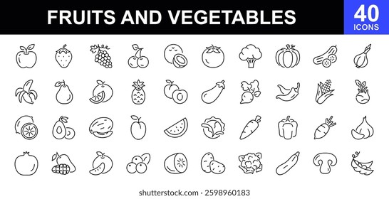 Fruits and vegetable icon set. Containing apple, banana, orange, grape, strawberry, watermelon, tomato, cucumber, cauliflower, eggplant, radish, mushroom, and more. Vector illustration