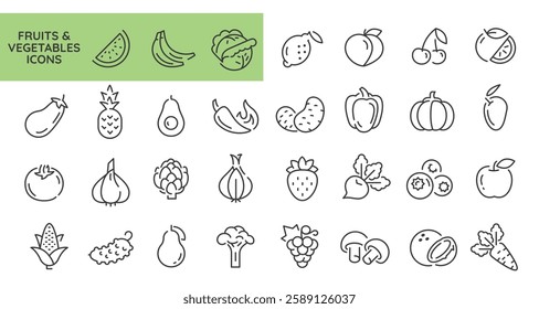 Fruits and vegetable icons. Set of 31 vegetable trendy minimal icons. Celery, Mushroom, Tomato, Carrot, Pepper icon. Design signs for web page, mobile app, packaging design. Vector illustration