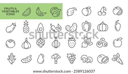 Fruits and vegetable icons. Set of 31 vegetable trendy minimal icons. Celery, Mushroom, Tomato, Carrot, Pepper icon. Design signs for web page, mobile app, packaging design. Vector illustration