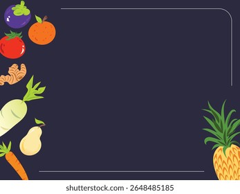 Ilustración de frutas y verduras en la copia Horizontal espaciada Plantilla de fondo oscuro vacío.