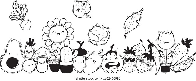 Fruits and Vegetable Kawaii Vector Set