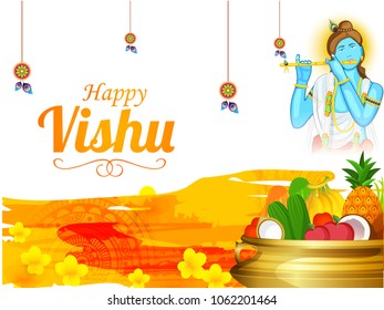 
fruits and vegetable in pot for festival of vishukkani (happy new year) greeting card background.