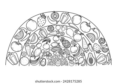 Fruits and vegetable rainbow in black and white for coloring. Healthy food and nutrition concept in outline. Pepper, tomato, strawberry, carrot and more. Vector illustration