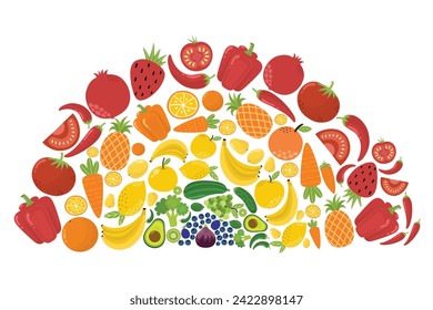 Fruits and vegetable rainbow isolated on white background. Healthy food and nutrition concept. Pepper, tomato, strawberry, carrot and more. Vector illustration