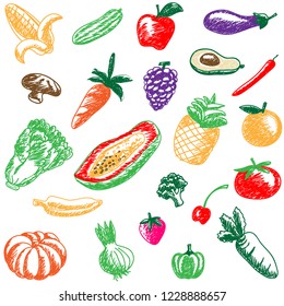 Fruits and vegetable seamless vector pattern. 
A set of elements drawing by freehand with illustrator programs.
Background of fruits and vagetable. 
Healthy food.
