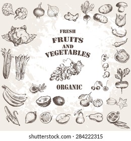 Fruits and vegetable set. Hand drawing.