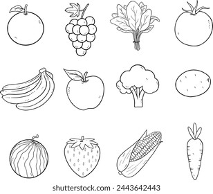 Fruits and Vegetable Simple Doodle Collection Set