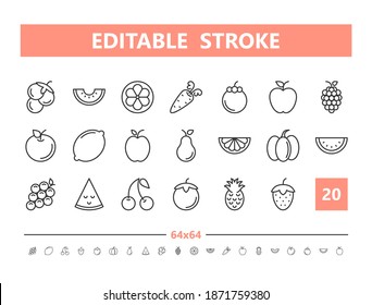 Fruits and Vegetables 20 line icons. Vector illustration in line style. Editable Stroke, 64x64, 256x256, Pixel Perfect.