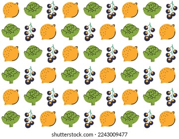 Fruits and vegetables. Abstract doodle organic food pattern background. Hand drawn fruits and vegetables seamless pattern background. 