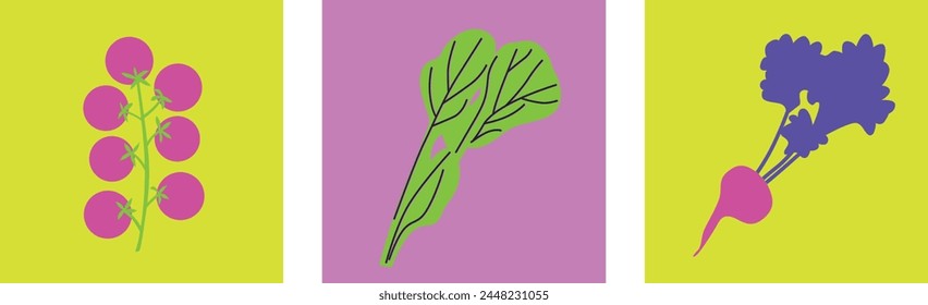 Fruits and vegetables abstract vector. Simple illustration vegetables, berries and fruits for social media, advertising, logo or menu.