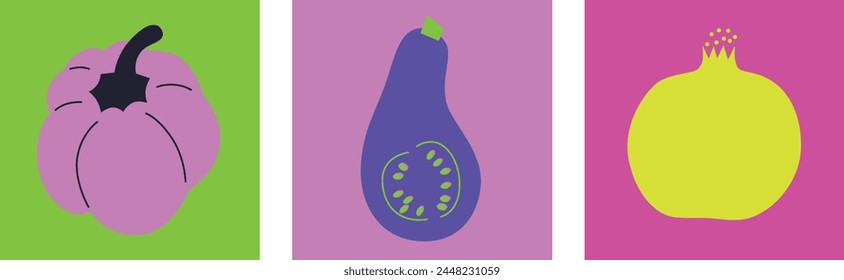 Fruits and vegetables abstract vector. Simple illustration vegetables, berries and fruits for social media, advertising, logo or menu.