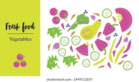 Fruits and vegetables abstract vector. Simple illustration vegetables, berries and fruits for social media, advertising, logo or menu.