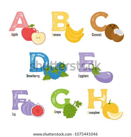 Fruits Vegetables Alphabet Apple Banana Coconut Stock Vector