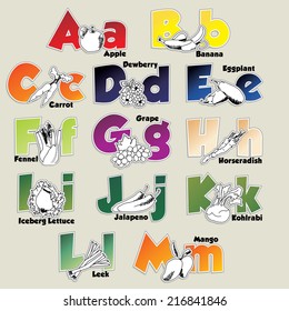 Fruits and vegetables alphabet from A to M- vector eps 10 illustration