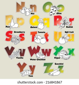 Fruits and vegetables alphabet from N to Z- vector eps 10 illustration