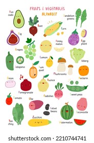 Fruits and Vegetables alphabet. Vector food educational poster. Learn letters with cute hand drawn food characters